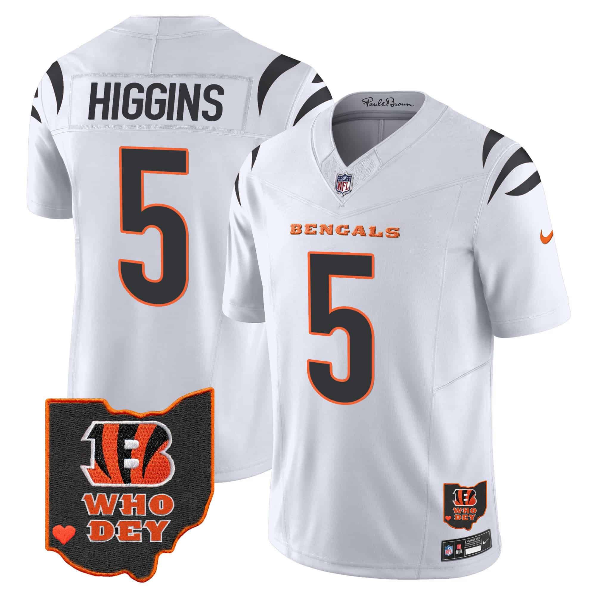 Men Cincinnati Bengals #5 Higgins White 2024 Nike Patch Vapor Limited NFL Jersey